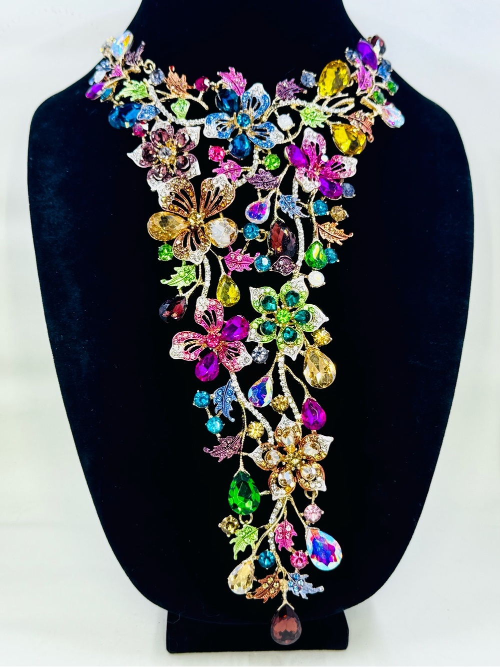 Christian Siriano Rose-Gold Multicolor Glass Floral Statement Bib Necklace NWT